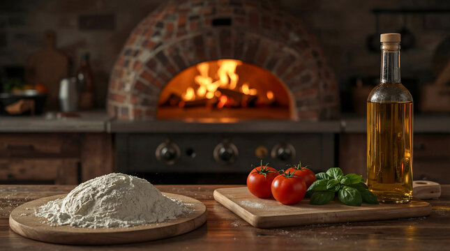 Ingredienti per pizza margherita con farina, pomodori, basilico e olio davanti a forno a legna acceso. Generative AI