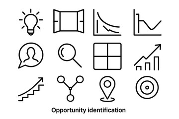 Opportunity Icons Overview. Opportunity Identification in outline black lines style. idea spark, open window icon, need&ndash;gap chart, trend curve, user insight bubble, clarity lens,