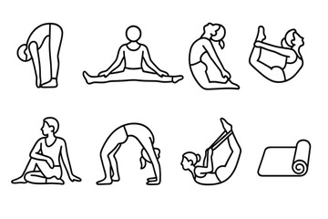 Yoga Pose Icons. Flexibility Flow in outline black lines style. forward bend, splits, camel pose, bow pose, seated twist, backbend, stretch band, yoga mat.