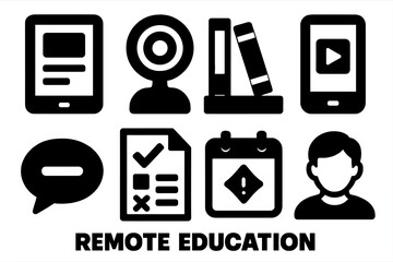 Bold Remote Learning Icons. Remote Education silhouette icons: tablet, webcam, bookshelf, learning app, message icon, exam paper, calendar reminder, student profile.