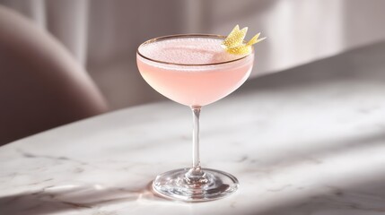 A coupe containing glowing pastel pink cocktail crowned with delicate citrus twist garnish. Rim reflects faint under soft spotlight.