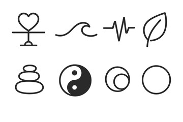 Harmony Icons Collection. Emotional Balance in outline black lines style. heart scale, gentle wave, soothing leaf, equilibrium stone, balanced halves, steady pulse, harmony loop,