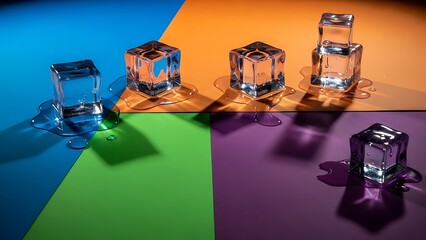 Melting Crystal Clear Ice Cubes on Vibrant Multi-Colored Background with Dramatic Shadows and Water Puddles