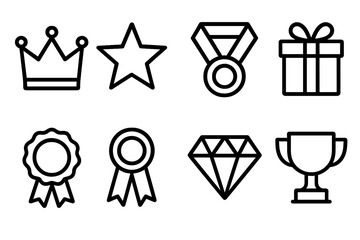 Iconic Rewards Collection. Special reward concept in outline black lines style. crown, star, medal, gift box, badge, ribbon, diamond, trophy.