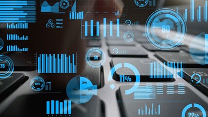 This image features an abstract digital visualization of graphs and charts displayed over a laptop keyboard, symbolizing data analysis and business insights. Xenic