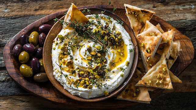 Authentic Middle Eastern mezze platter featuring creamy labneh dip with pistachios, olive oil, and fresh thyme, served alongside olives and pita bread on a rustic wooden board.