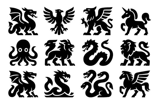 Mythical Creatures Icons. Mythical beasts silhouette icons: dragon, phoenix, griffin, unicorn, kraken, chimera, basilisk, manticore, wyvern, leviathan, hydra, pegasus.