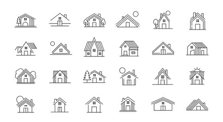 Collection of minimalist modern house icons featuring clean architectural lines, perfect for real estate app interfaces, website navigation, and contemporary branding projects