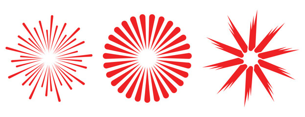 Red burst and sunbeam shapes, geometric explosion and fireworks symbols © MillionGraphics