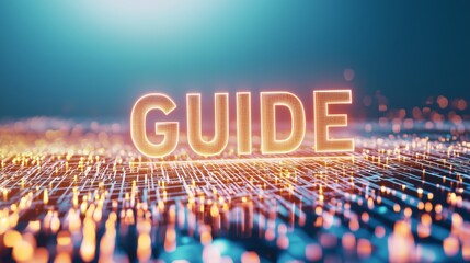 Glowing screen displaying GUIDE on table for e-learning, tech blogs, and instructional materials