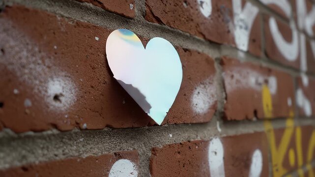 Torn Iridescent Heart Sticker Affixed to Brick Wall Surface