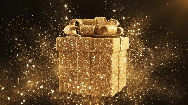 Golden gift box with sparkly bow on black background