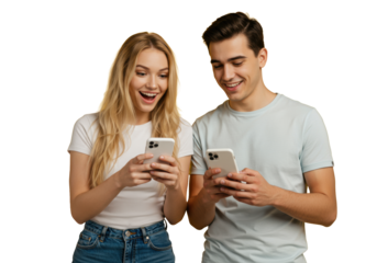 Young caucasian woman and man, early 20s, both smiling, engrossed in white smartphones on a vibrant yellow studio background, concept of shared digital entertainment