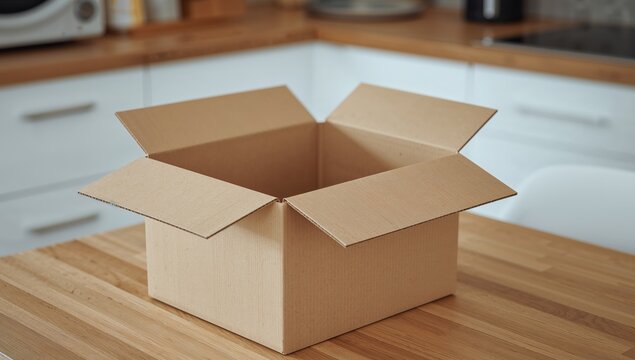 Empty Cardboard Container, Open Box, Beige and Neutral Color Palette, Indoor Still Life.