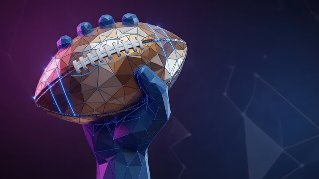 A dynamic 3D geometric silhouette illustration of an American football player in action with ample copy space, perfect for Super Bowl event promotions and sports marketing banners