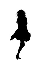 Energetic Woman Silhouette Dancing with Twirling Skirt and Heels, isolated white background