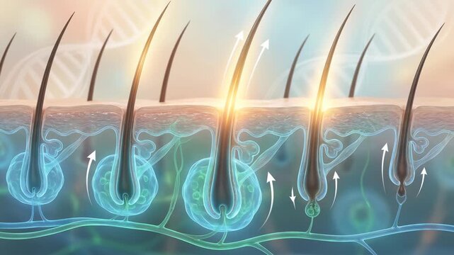 Detailed illustration of a hair follicle under a microscope, the growth process, with scientific elements and vibrant hues.