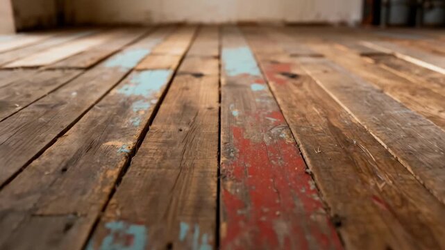 Medium shot capturing vintage reclaimed timber floorboards featuring soft patina faded paint remnants and natural wood grain patterns.