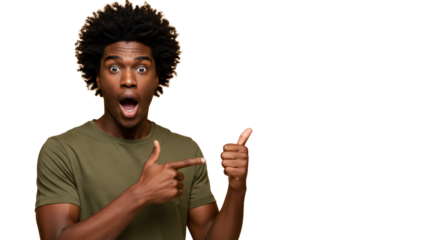 Young african american man, early 20s, olive t-shirt, shocked expression, pointing at copy space against a vibrant orange studio background, dynamic promotional announcement concept
