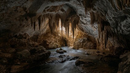 Ethereal Depths. An Enigmatic Cavern with Flowing Water and Stalactite Formations.