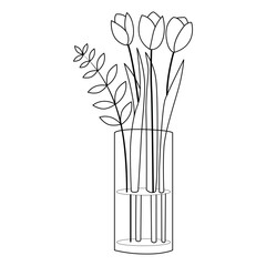 Minimal black and white line art illustration of tulips in a glass vase. Elegant floral outline design for modern decor, posters, stationery, wedding invitations and botanical concepts.