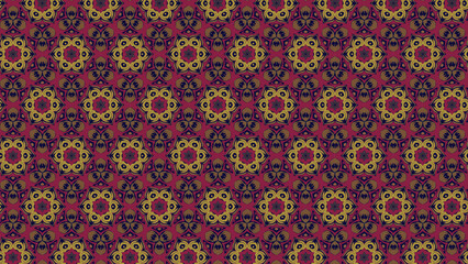 Seamless geometric pattern with repeating motifs on a deep burgundy background for textiles, wallpaper and decor.