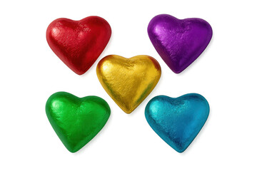 Fototapeta premium Colorful foil-wrapped chocolate heart candies for celebration