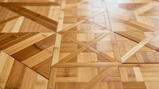 Medium shot of parquet bamboo flooring patterns arranged in geometric designs showcasing intricate craftsmanship and sustainable interior design.