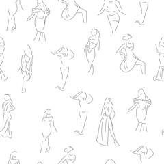 Seamless pattern with minimalist female silhouettes in line art style. Elegant black and white illustration expressing femininity, movement, and modern fashion aesthetics.