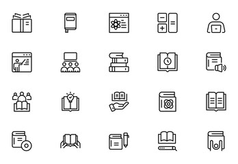 Set of 20 Classroom and Library web icons in line style study space icon, quiet area badge, library tag, group study file, classroom environment board, study room chart