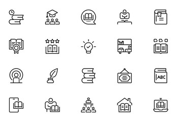 Set of 20 Classroom and Library web icons in line style study space icon, quiet area badge, library tag, group study file, classroom environment board, study room chart