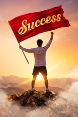 Man standing on mountain peak with success flag at sunset