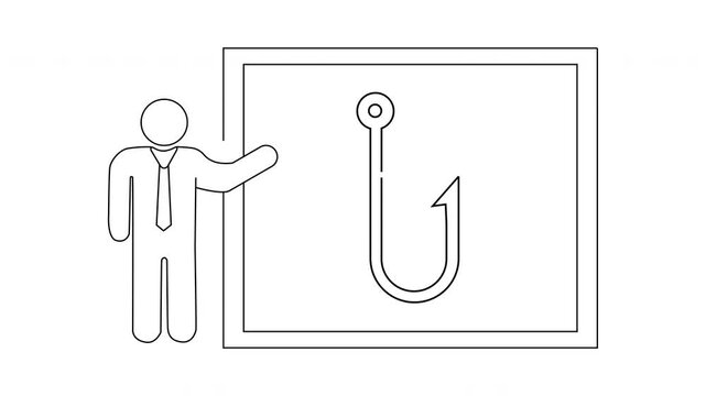 Man in suit pointing to a framed drawing of a fishing hook