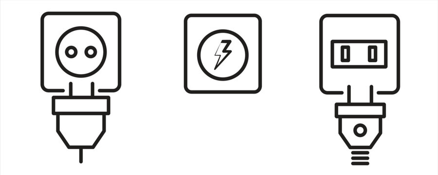 Collection of electrical plug icons, socket connections with plugs, representing electrical devices, from electrical outlets and plugs to lightning and energy symbols, vector illustrations, isolated o