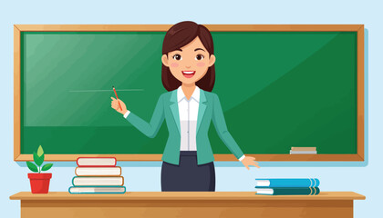 Friendly female teacher with a warm smile presenting in a classroom, ready for an engaging lesson on a green chalkboard