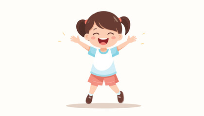 Joyful young girl with pigtails and open arms, wearing a t-shirt and shorts, exuding happiness and excitement