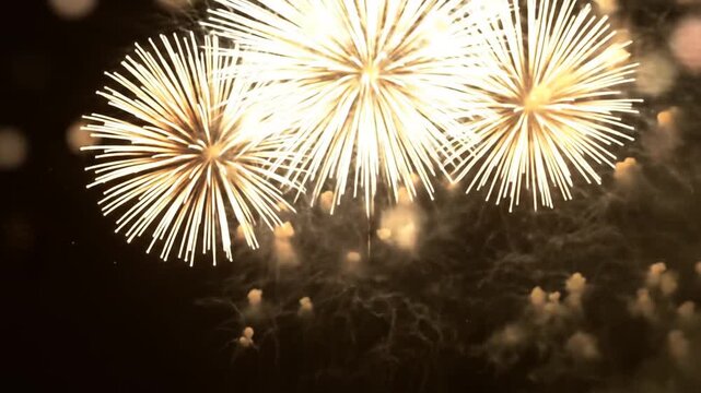 Vibrant red fireworks explode against a dark night sky, creating bursts of light