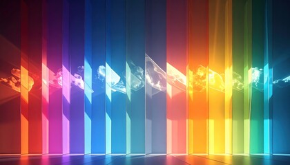 Vibrant Rainbow Prism Wall with Cloud Reflections and Glossy Floor