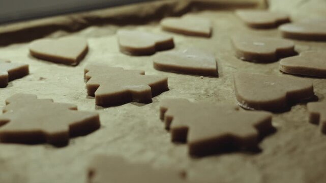 Unbaked Christmas cookie gingerbread perfectly cut, laying neatly unbaked on oven sheet. Desaturated footage easily color matched