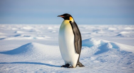Fototapeta premium Emperor penguin stands on snow against blue sky