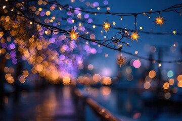 An abstract bokeh background, featuring vibrant city lights and circular and star-shaped fireworks, uses deep blue, royal purple, and shimmering gold to create a festive yet sophisticated atmosphere.