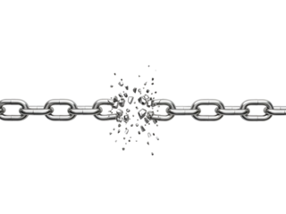 Shattered Metal Chain Link - Symbol of Freedom, Disruption, Breaking Barriers Concept on white background