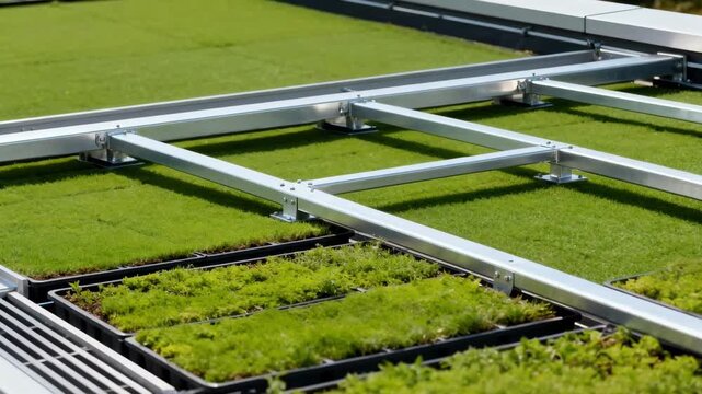 Medium shot capturing a flat green roof frame support with horizontal framework that facilitates efficient planting surfaces for urban environmental projects