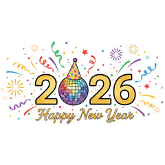 New Year 2026 Celebration Illustration with Disco Ball and Party Hat.