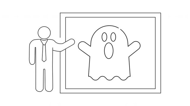 Man presenting ghost drawing on board tieclad simple line art style