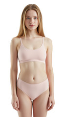 Obraz premium Young slender caucasian woman, early 20s, long blonde hair, pastel pink bra top and briefs, confident, studio with white background and copy space, concept of body positivity
