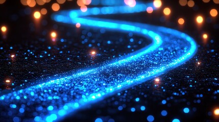 Glowing blue river of particles flows through a bokeh landscape