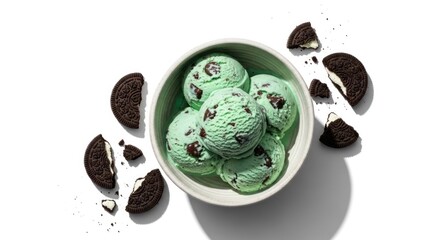 Green ice cream scoops with chocolate chips in bowl, beside cookies