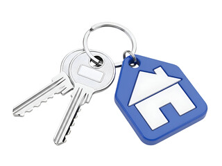 New Home Keys with Blue House Keychain Fob for Property Access & Real Estate on white background