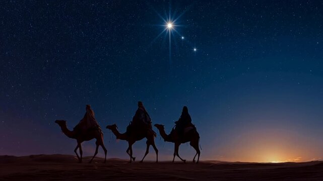 Fondo navide&ntilde;o con siluetas de tres camellos con los Reyes magos de Oriente caminando por el desierto durante una pl&aacute;cida noche oscura guiados por la estrella de oriente hasta el portal de Bel&eacute;n